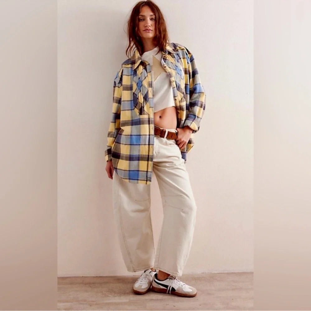 Free People Layla Plaid Shirt We The Free Yellow Combo